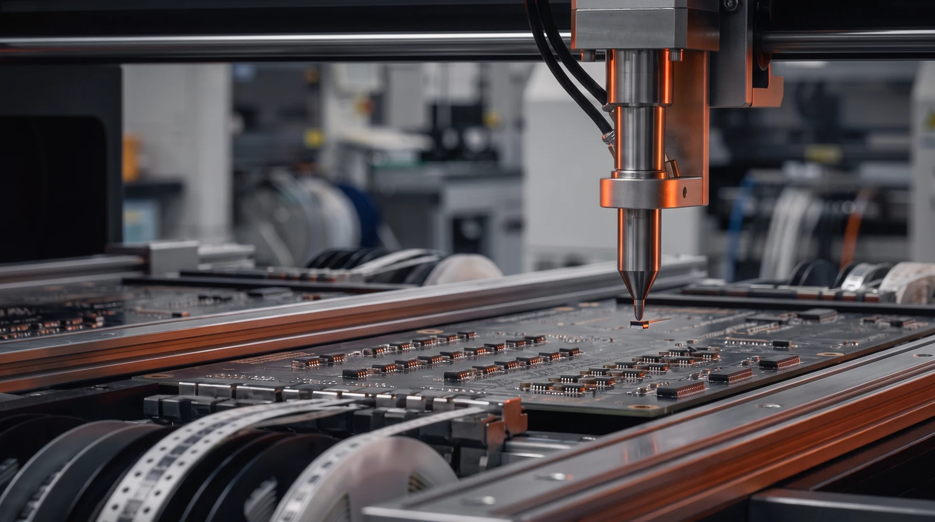 Illustrative close-up of precision circuit board assembly equipment